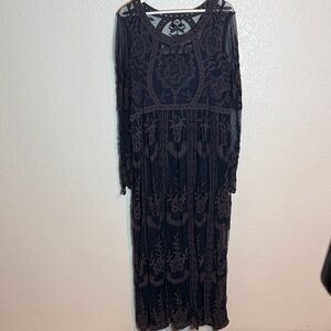 Cal Style Purple Embroidered Mesh Long Sleeve Maxi Dress Size XL Boho Gypsy